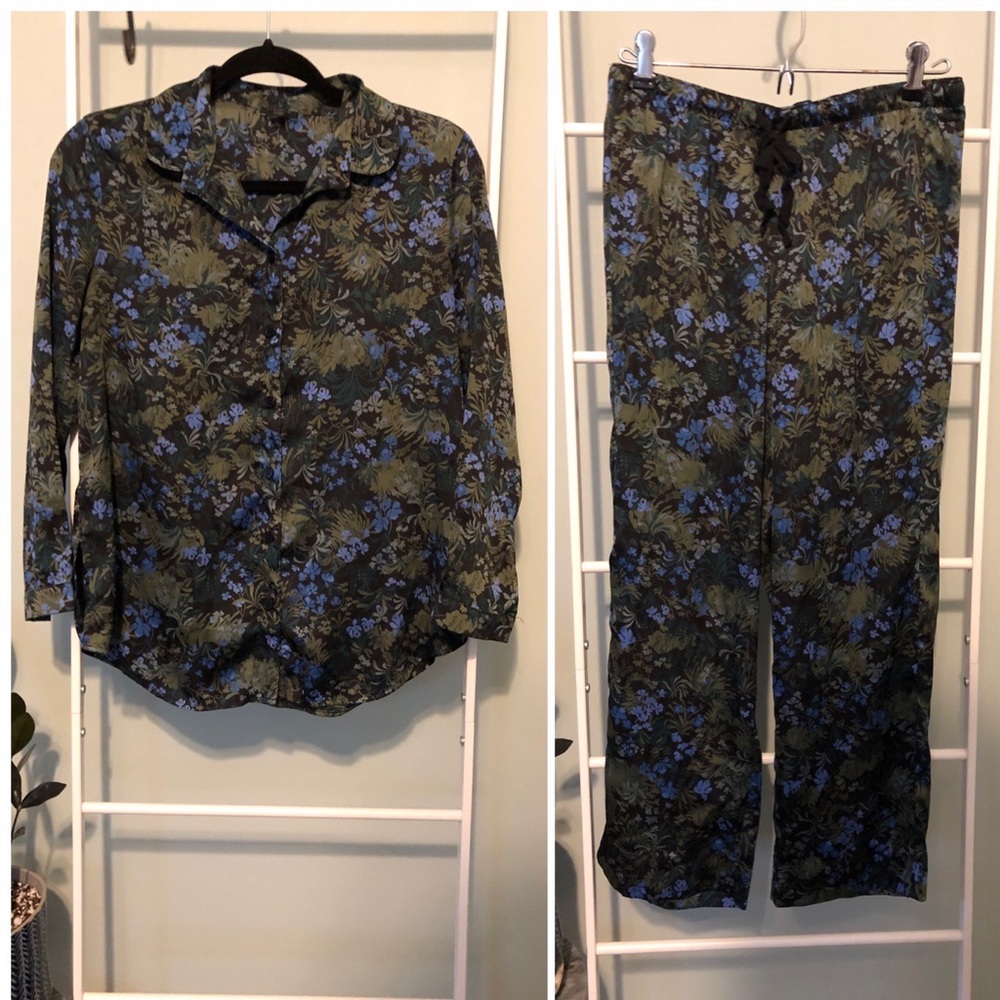 Ann Taylor Green & Blue Floral Silky PJ Set XS